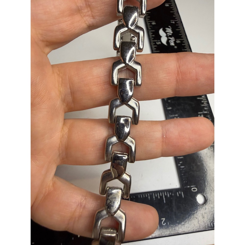 Silver Tone Geometric Y Link Bracelet Modern Industrial Fold Over Clasp 7.5 Inch